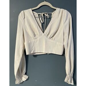 SHEIN Cream Long Sleeve Cropped V Neck Tie Back Blouse Top Womens‎ Size S